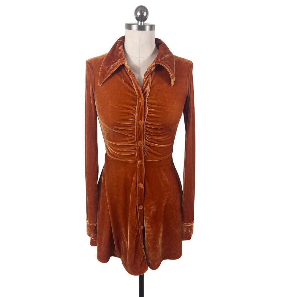 Urban Outfitters Nellie Ruched Velvet Shirt Dress XS  Rust Retro 70s Boho Glam